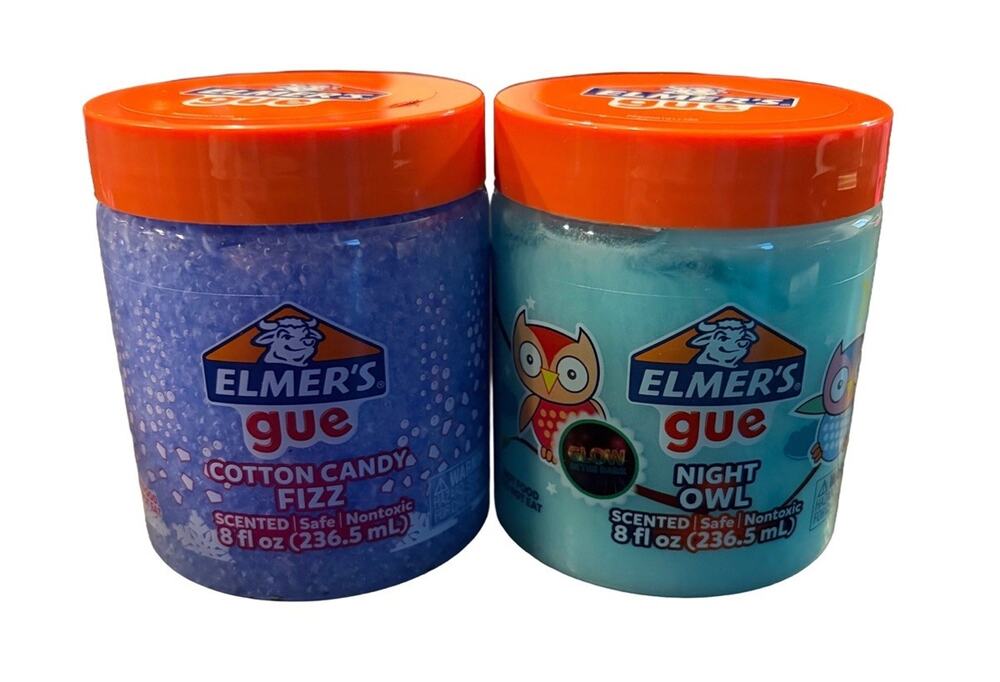 Elmer’s Gue Slime 2 Pack Cotton Candy Fizz & Night Owl Scented 8 oz Each New
